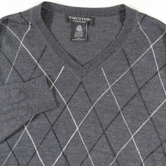 Marco Fiori Other - Marco Fiori Mens‎ Large Charcoal Grey Argyle V Neck Merino Wool Sweater